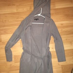 Gray long cardigan with hood